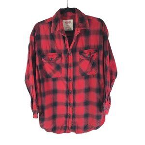 Mossimo Womens Red & Black Plaid Oversized Flannel Shirt Pockets 100% Cotton XS